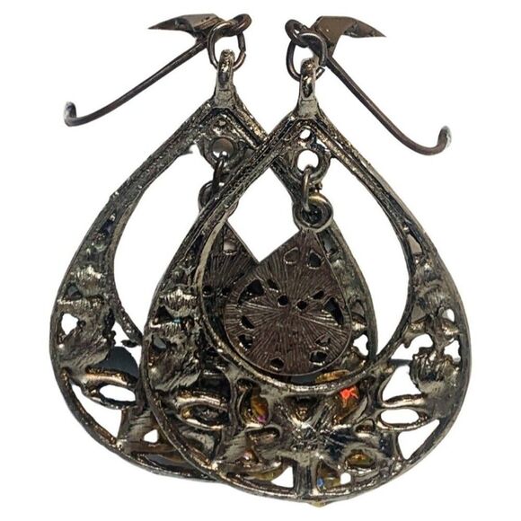 Vintage Shimmering Rhinestone Flower Silver Tone Hoop Leaverback Earrings 2” - Picture 5 of 5